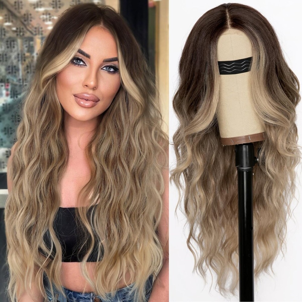 AISI HAIR Ombre Dirty Blonde Wig for Women, Long Wavy Lace Hairline Middle Part Synthetic Wig for Daily Party-26 Inch