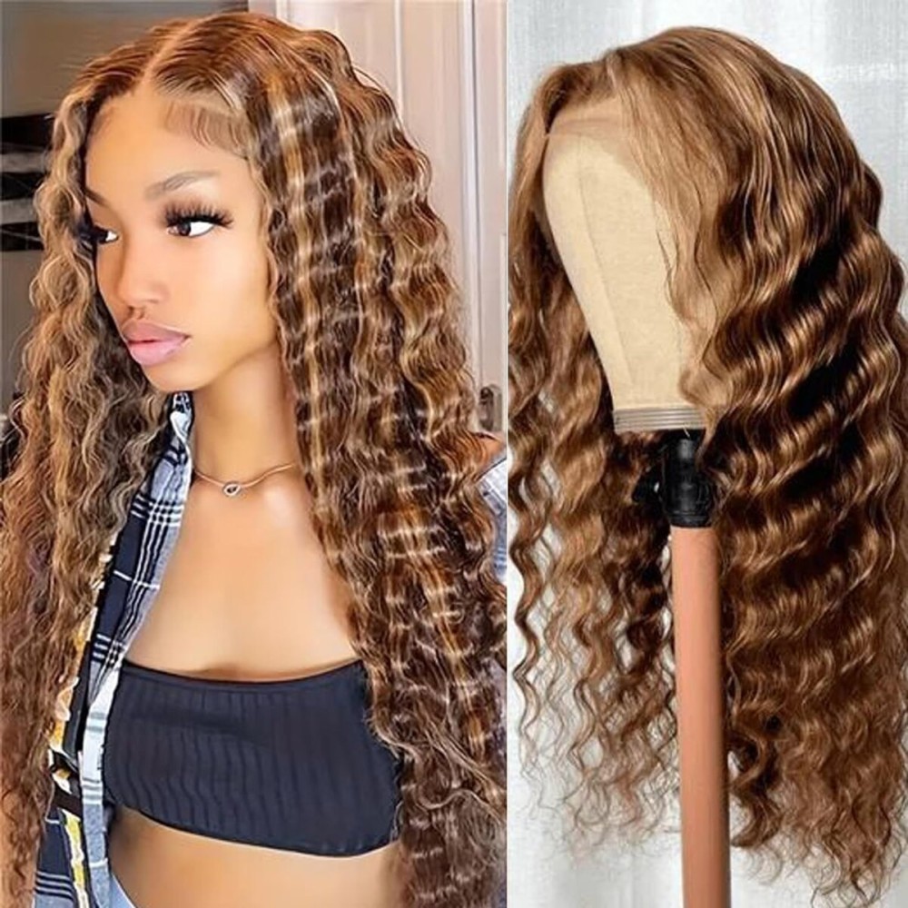 DULOVE Highlight Ombre Deep Wave Lace Front Wigs Human Hair Pre Plucked with Baby Hair Glueless 13x4 Hd Transparent Lace Front Wigs Human Hair 4/27 Honey Blonde Lace Frontal Wig 200 Density 30inch