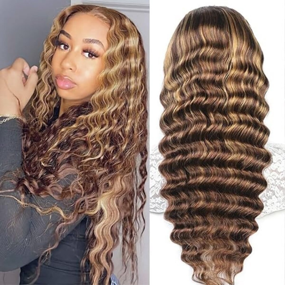 NKTU 4/27 Deep Wave Lace Front Wigs Human Hair Honey Blonde Highlight Ombre Wigs Human Hair for Women 13x4 HD Transparent Lace Frontal Wigs Pre Plucked with Baby Hair 180 Density 26 Inch