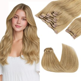 GOO GOO Clip in Hair Extensions Real Human Hair, Remy Human Hair Extensions Clip ins for Women, Natural Human Hair, 16inch 150g 9Pcs, 7 Bronde