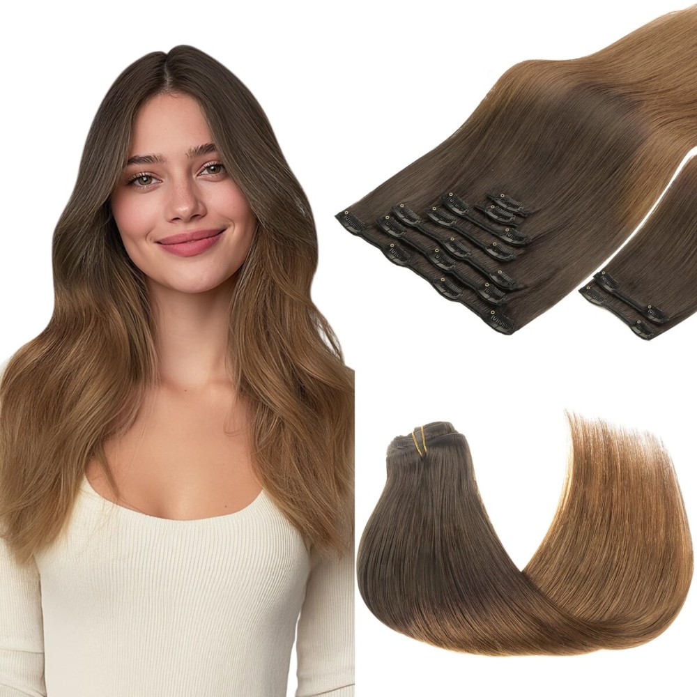 GOO GOO Clip in Hair Extensions Real Human Hair, Remy Human Hair Extensions Clip ins for Women, Natural Human Hair, 22inch 150g 9Pcs, 1D/2C/4E Chocolate Dip Color Melt