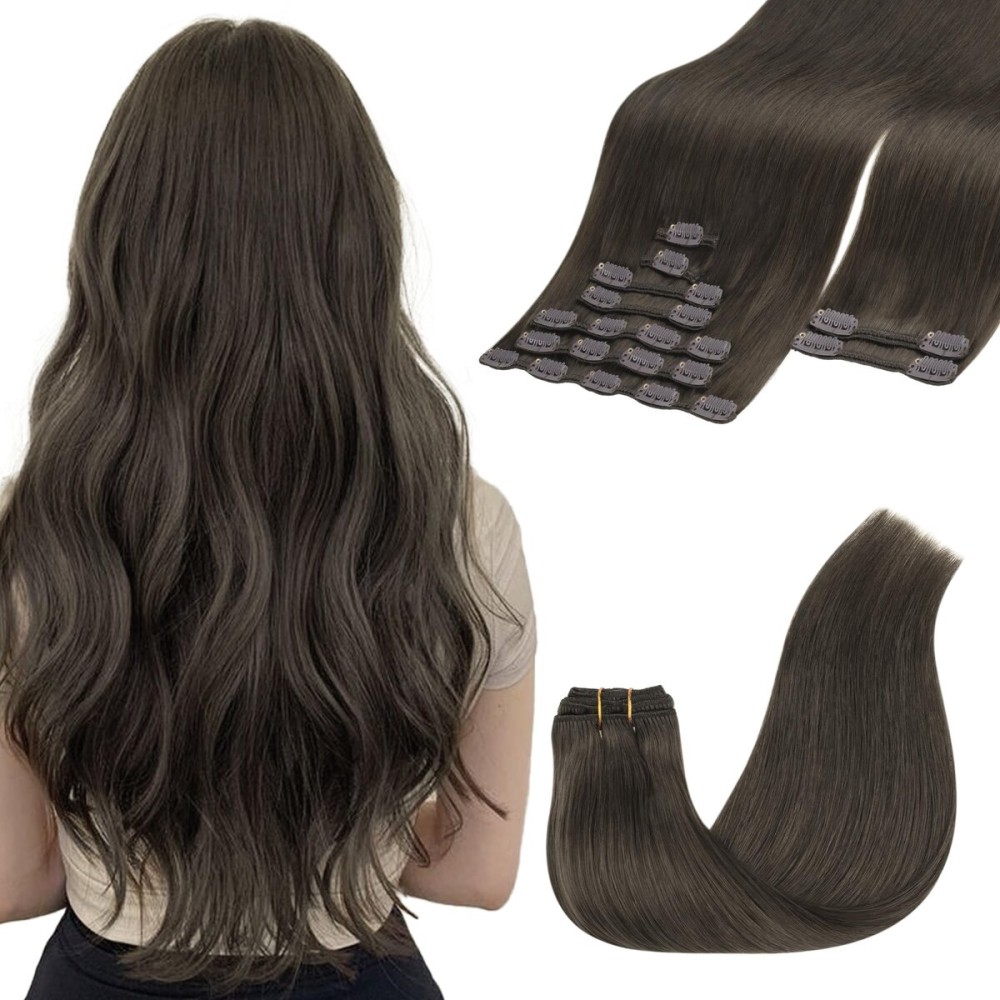 GOO GOO Clip in Hair Extensions Real Human Hair, Remy Human Hair Extensions Clip ins for Women, Natural Human Hair, 16inch 150g 9Pcs, 1C Mocha Brown