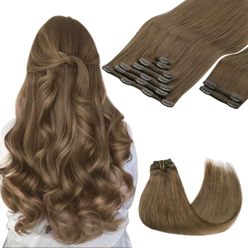 GOO GOO Clip in Hair Extensions Real Human Hair, Remy Human Hair Extensions Clip ins for Women, Natural Human Hair, 18inch 150g 9Pcs, 5 Light Ash Brown