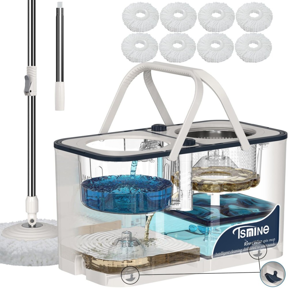 Gen 1 Large-Capacity Spin Mop and Bucket - for Big Homes & Deep Cleaning Days,4-Chamber System Separates Dirty & Clean Water, 2-GAL Heavy-Duty Design with Wheels & 8 Refill Mop Heads - White/Blue