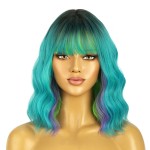 BERON 14 Inches Turquoise Wig Short Curly Wig Ombre Green Curly Wigs Short Teal Green Wigs with Bangs for Women Daily Party Cosplay Hairnet Include