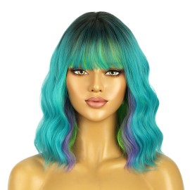 BERON 14 Inches Turquoise Wig Short Curly Wig Ombre Green Curly Wigs Short Teal Green Wigs with Bangs for Women Daily Party Cosplay Hairnet Include