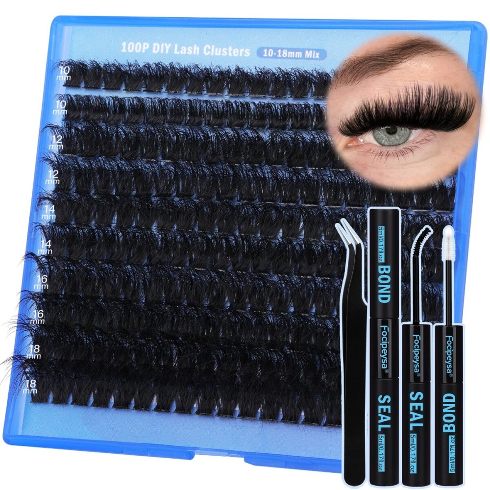 Focipeysa Thick Lash Extension Kit Full Lash Clusters 100P Eyelash Extension Kit DIY Lash Extension Kit with Bond and Seal Glue, Lash Applicator DIY at Home for Beginner (100P 10-18MM)
