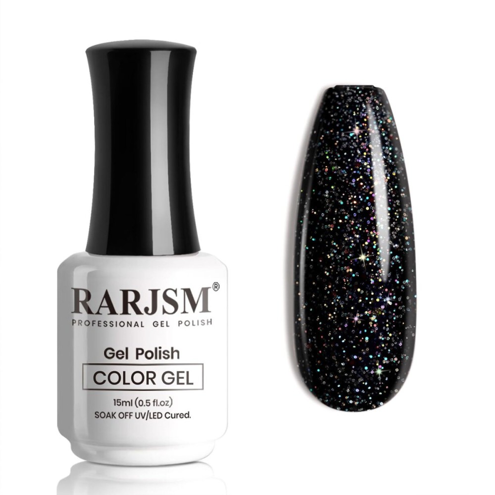 RARJSM Black Glitter Gel Nail Polish Chunky Iridescent Rainbow Sparkle Laser Holographic Small Flakes Shimmer Diamond Gel Polish Single Bottle Soak off UV LED Cured for Home Salon Manicure 15ML
