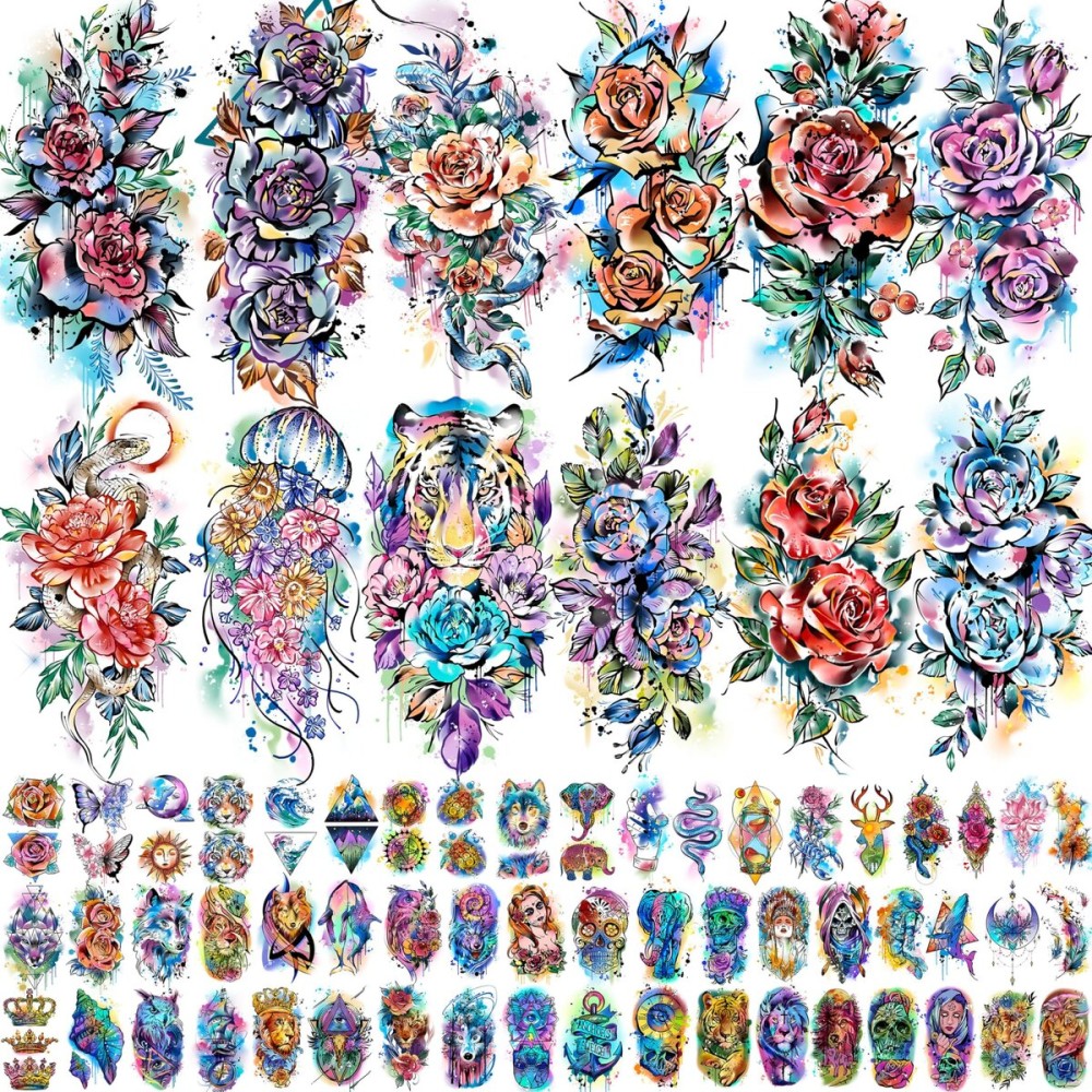 COKTAK 67 Sheets Watercolor Rose Flower Temporary Tattoos For Women Girls, 12 Sheets Colorful Arm Sleeve Tattoos For Adults Floral Snake Tiger, 53 Sheets Groovy Small Semi Permanent Fake Tattoos Kids