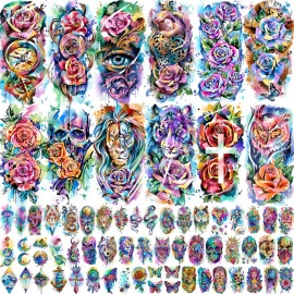 FANRUI 65 Sheets Watercolor Peony Rose Floral Temporary Tattoos For Women Arm Shoulder, Groovy Compass Flower Fake Tattoo Owl Blue Tribal Eye Skull Tiger, Long Lasting Tatoos Sleeve Angel Girls Adults