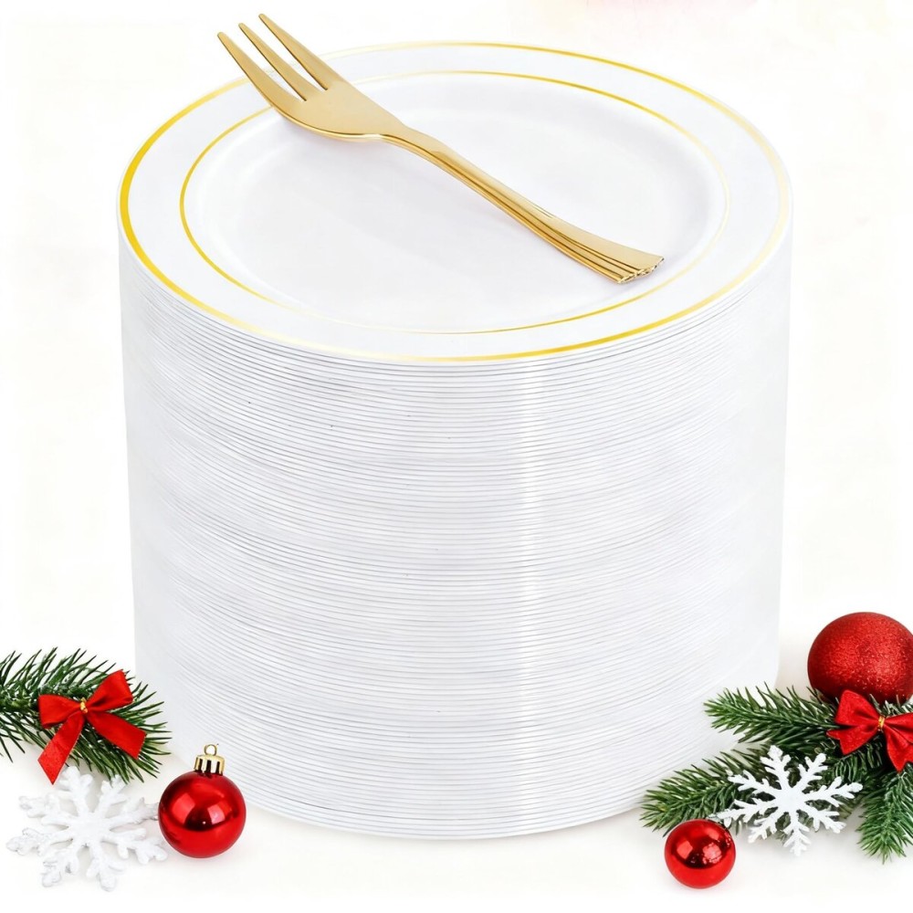 WELLIFE 60 PCS Gold Plastic Dessert Plates and 60 PCS Forks, 6.3 inch Disposable Salad Plates, Premium White Appetizer Plates with Gold Rims, Perfect for Party and Christmas