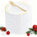 WELLIFE 60 PCS Gold Plastic Dessert Plates and 60 PCS Forks, 6.3 inch Disposable Salad Plates, Premium White Appetizer Plates with Gold Rims, Perfect for Party and Christmas
