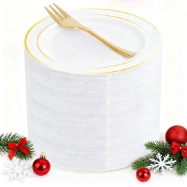 WELLIFE 60 PCS Gold Plastic Dessert Plates and 60 PCS Forks, 6.3 inch Disposable Salad Plates, Premium White Appetizer Plates with Gold Rims, Perfect for Party and Christmas