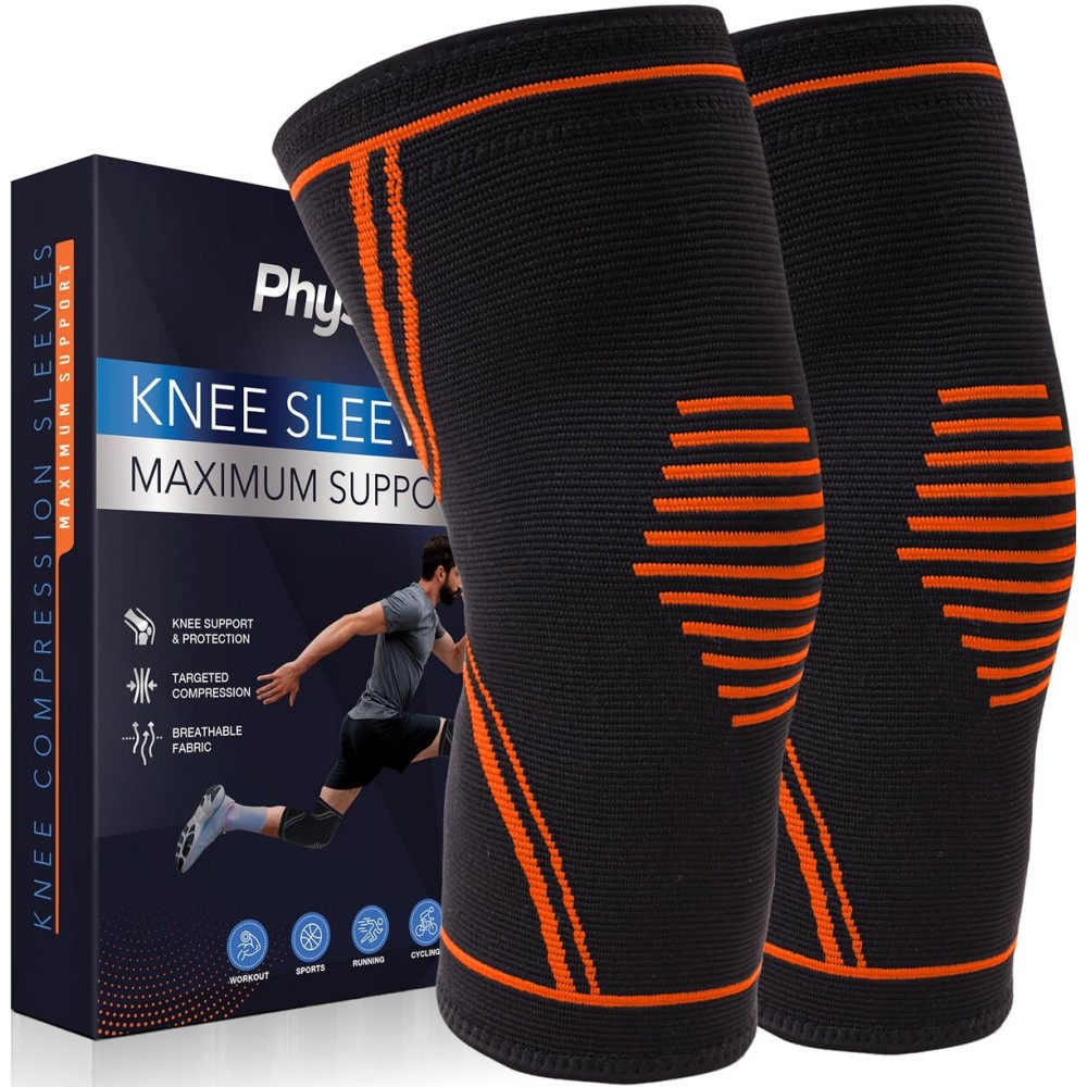 PhysFlex Knee Brace for Pain Relief - 2 Pack Knee Compression Sleeves for Men and Women - Support for Weightlifting, Gym, Workout, Volleyball - Meniscus Tear, ACL, Arthritis (Orange, X-Large)