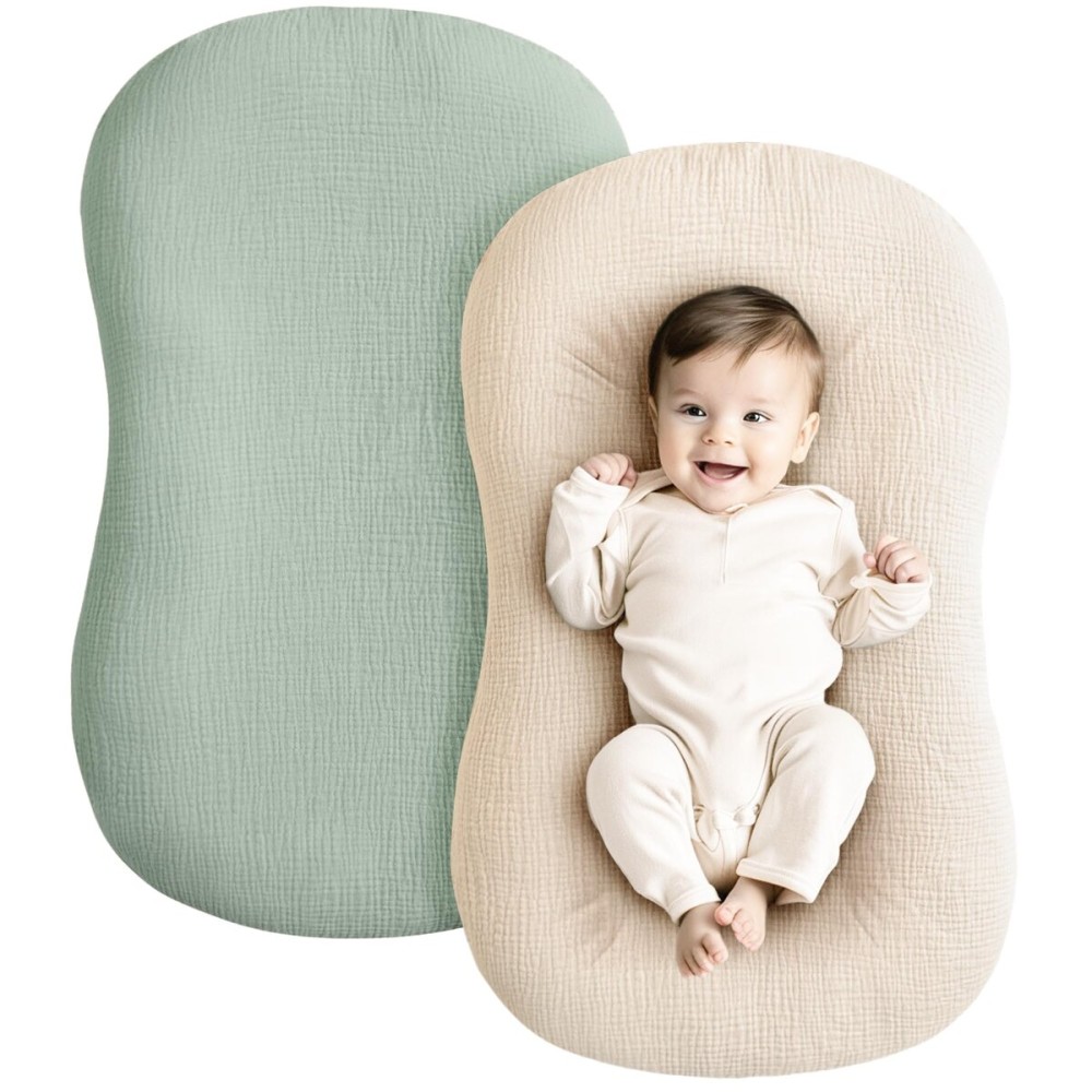 Konssy Muslin Baby Lounger Cover 2 Pack, 100% Cotton Newborn Lounger Cover, Soft and Breathable Baby Nest Slipcover for Boys Girls (Green,Wheat)