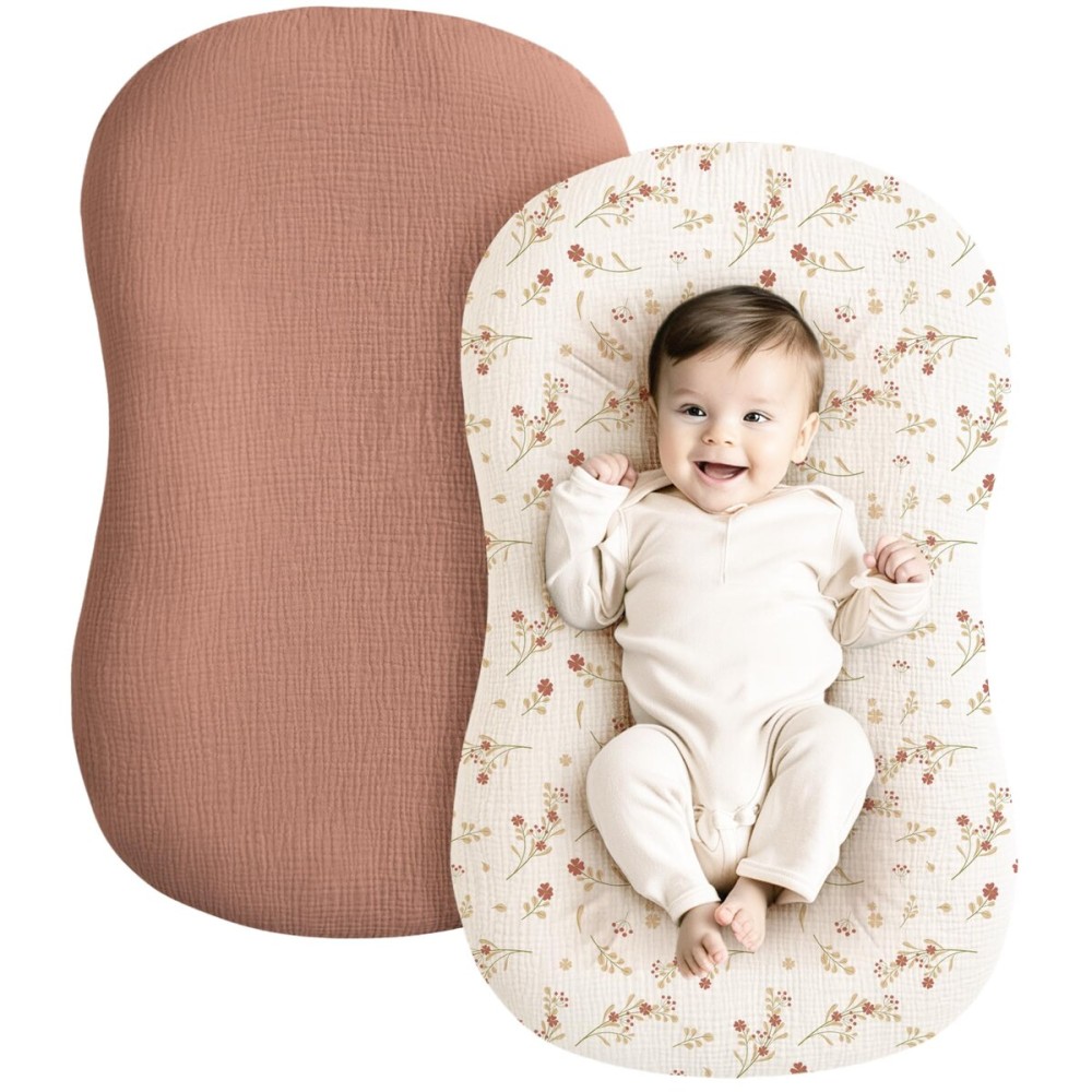 Konssy Muslin Baby Lounger Cover 2 Pack, 100% Cotton Newborn Lounger Cover, Soft and Breathable Baby Nest Slipcover for Boys Girls (Chestnut, Posy)
