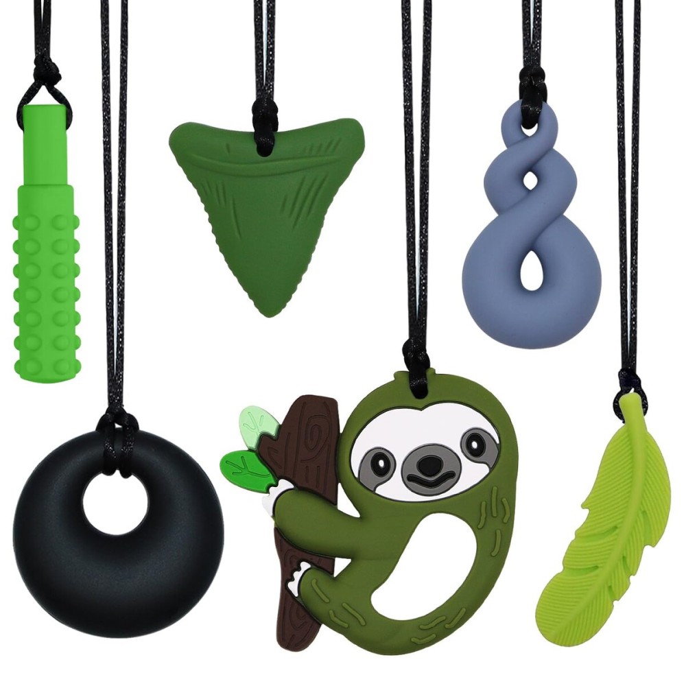Sensory Chew Necklace for Kids Boys Girls, 4 Pack Silicone Chew Toys for Kids with ADHD Autism, Anxiety, Chewy Necklace Sensory Toys Reduce Adult Chewing Fidgeting (Green Sloth)