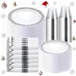 WELLIFE 175Pcs Silver Dinnerware Sets, Include:25 Dinner Plates, 25 Dessert Plates, 25 Paper Napkins, 25 Cups, 75 Silver Silverware Set for Party and Weddings
