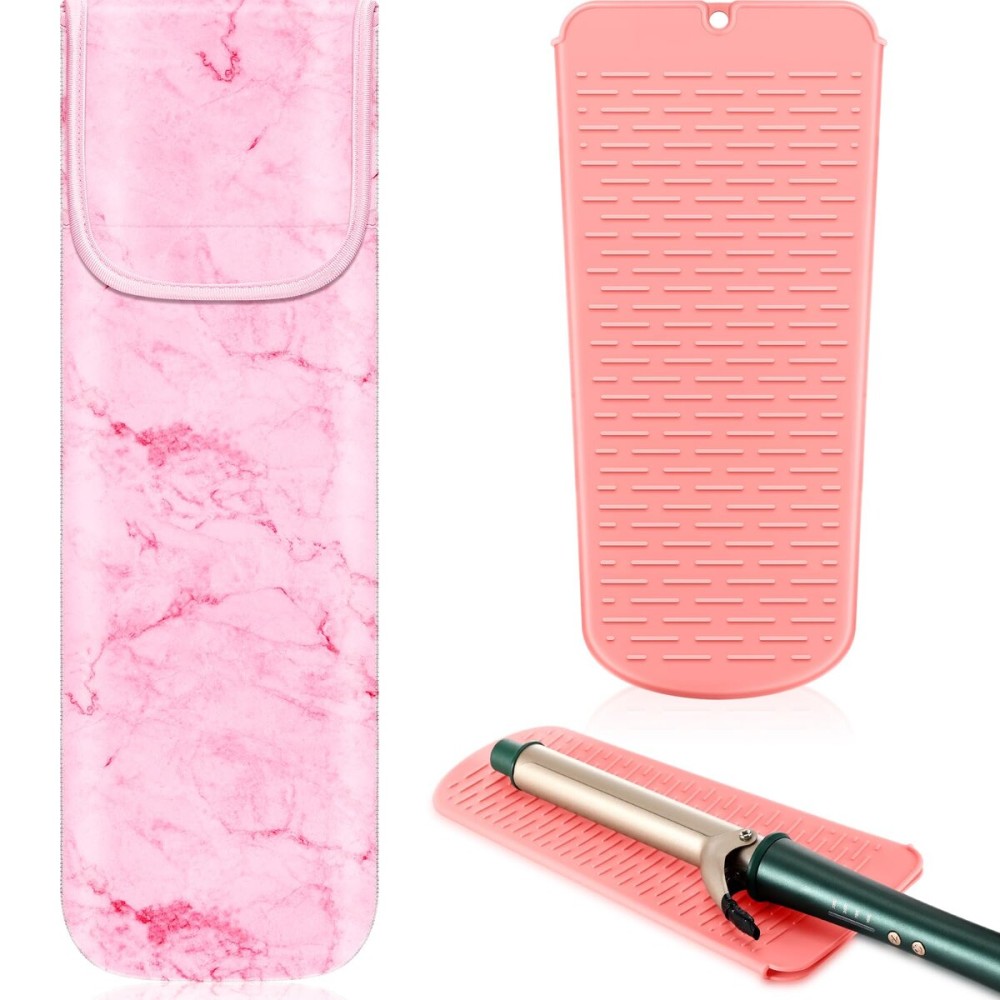 Shappy 2 Pieces Curling Iron Travel Case Cover Heat Resistant Flat Iron Holder Case Sleeve Neoprene Straightener Holder and Silicone Hot Tools Flat Bag(Pink Marble Style)