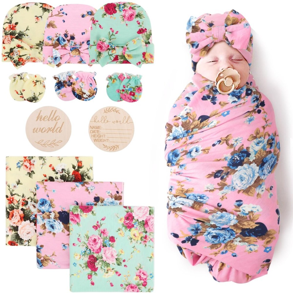 DRESHOW BQUBO Floral Swaddles for Baby Girl Newborn Receiving Blanket with Bow Hat Mittens Wooden Birth Announcement Card Set Baby Floral Print Swaddle Nursery Swaddle Wrap