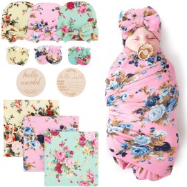 DRESHOW BQUBO Floral Swaddles for Baby Girl Newborn Receiving Blanket with Bow Hat Mittens Wooden Birth Announcement Card Set Baby Floral Print Swaddle Nursery Swaddle Wrap