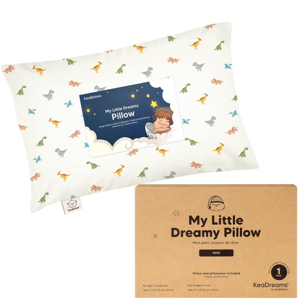 Mini Toddler Pillow with Pillowcase - 9x13 My Little Dreamy Travel Kids Pillow for Sleeping, Toddler Bed, Small, Tiny, Organic Cotton Pillowcase, Soft & Breathable, Kids 2-4 Years Old (Roarsome)