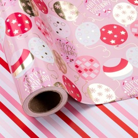 WRAPAHOLIC Birthday Reversible Wrapping Paper - Mini Roll - 17 Inch X 33 Feet - Shiny Metallic Pink Happy Bday Wrapping Paper Girl for Birthday, Holiday, Baby Shower