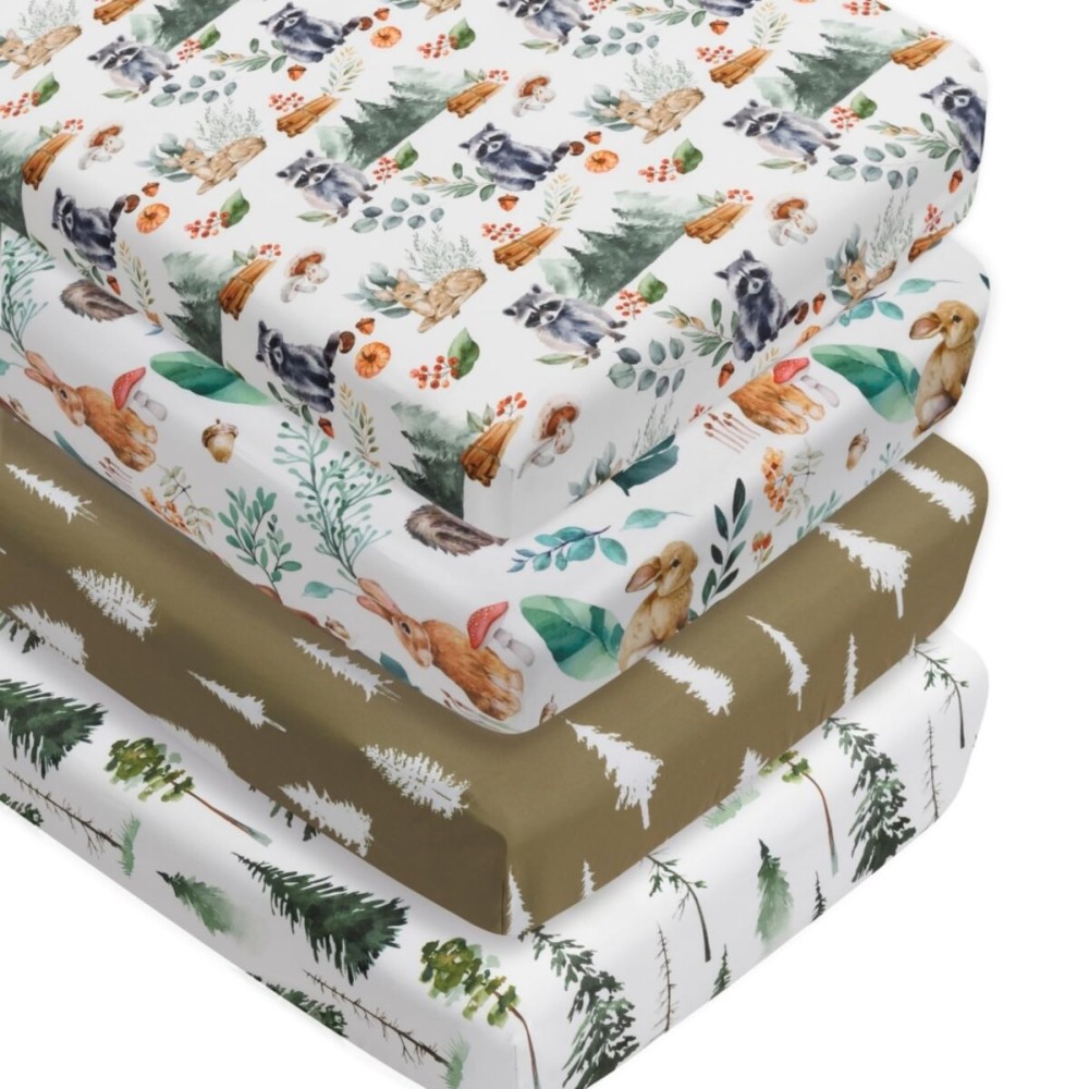 4 Pack Woodland Forest Animals Wood Neutral Unisex Fitted Baby Crib Sheets Set for Baby Boys or Girls (Raccoon, 52 * 28)