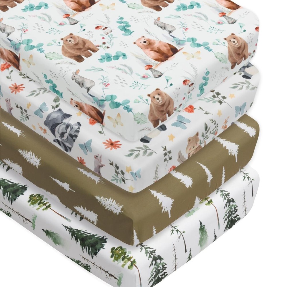 4 Pack Woodland Forest Animals Wood Neutral Unisex Fitted Baby Crib Sheets Set for Baby Boys or Girls (Cartoon Beer, 52 * 28)