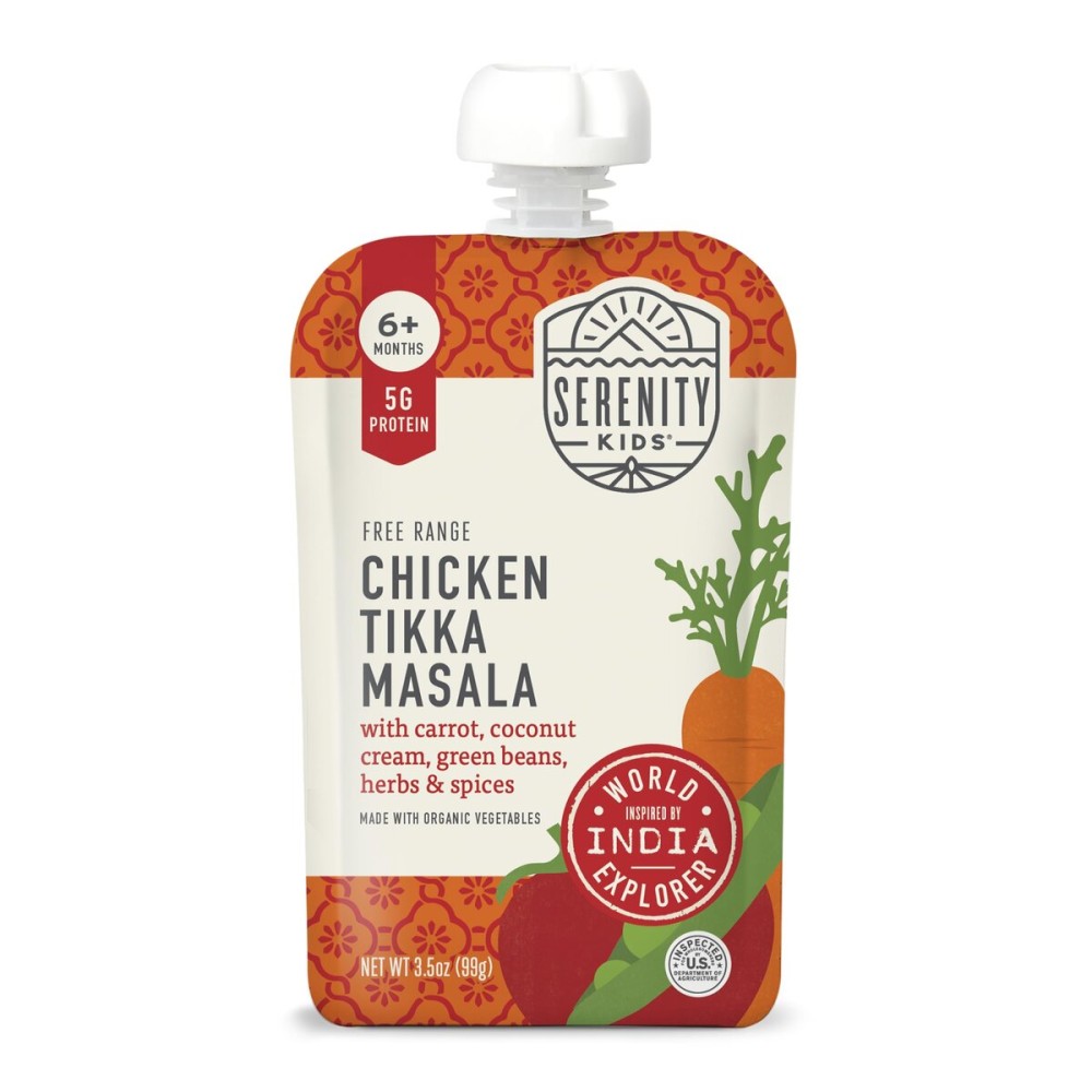 Serenity Kids 6+ Months Chicken Tikka Masala Baby Food Pouch - 3.5 oz, Pack of 12-5g Protein Snacks - Nutrient-Packed Chicken Meals - Ready-to-Serve Pureed Baby Food Pouch