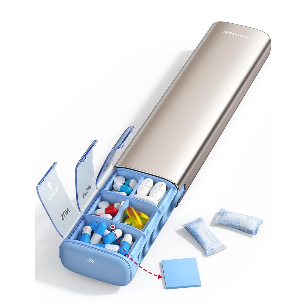 VAYDEER Metal Weekly Pill Organizer - Moisture-Proof Travel Pill Organizer with Built-in Desiccant Chamber and Airtight Lids - Large-Capacity Pill Box for Vitamins, Medicines & Supplements (Rose Gold)