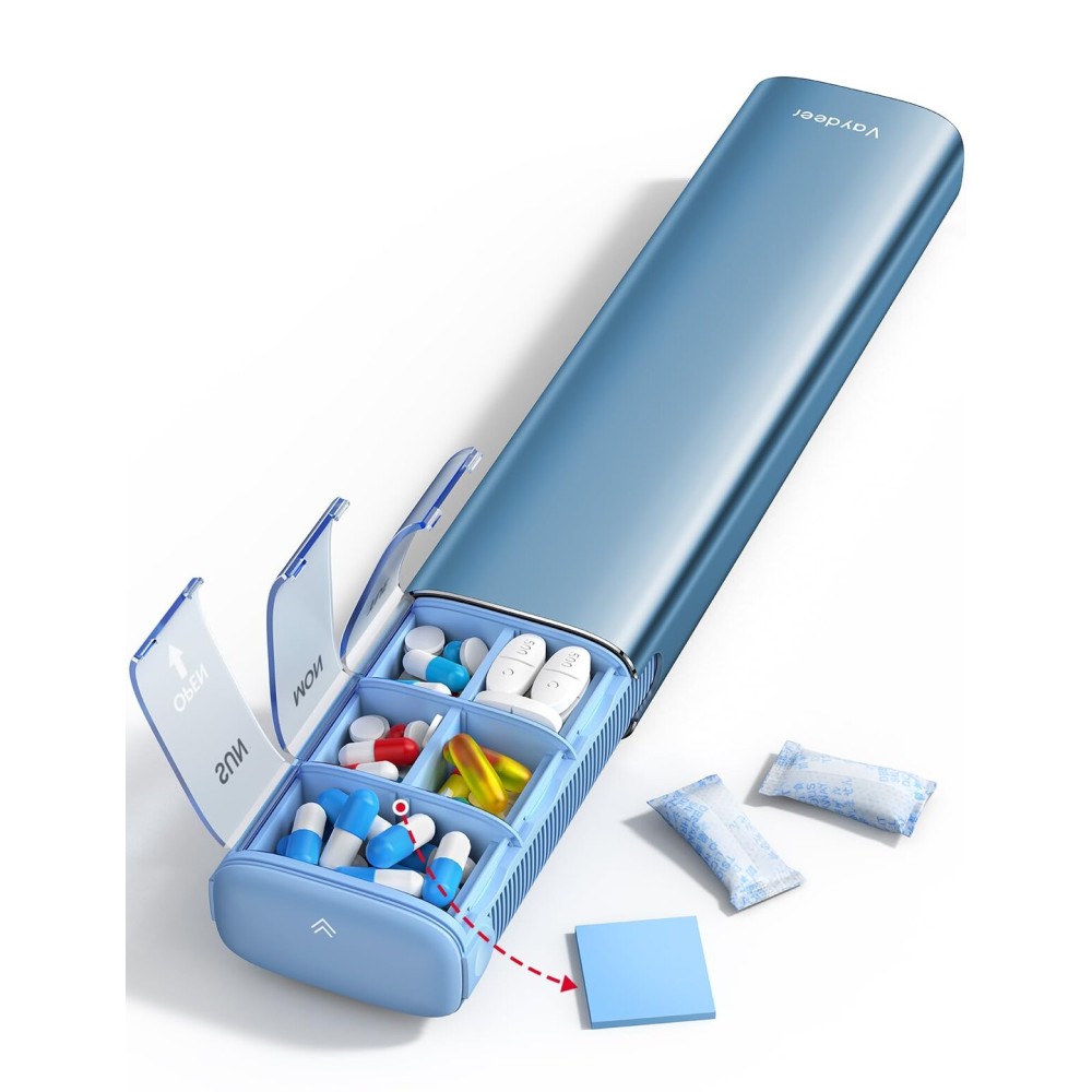 VAYDEER Metal Weekly Pill Organizer - Moisture-Proof Travel Pill Organizer with Built-in Desiccant Chamber and Airtight Lids - Large-Capacity Pill Box for Vitamins, Medicines & Supplements (Blue)