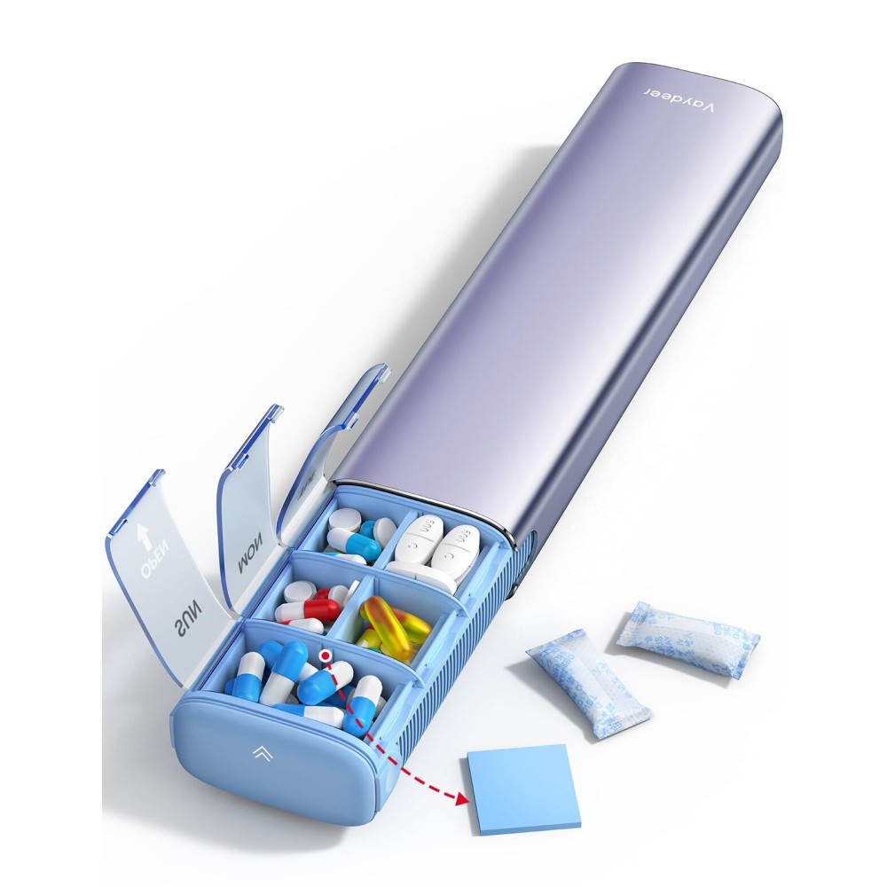 VAYDEER Metal Weekly Pill Organizer - Moisture-Proof Travel Pill Organizer with Built-in Desiccant Chamber and Airtight Lids - Large-Capacity Pill Box for Vitamins, Medicines & Supplements (Purple)
