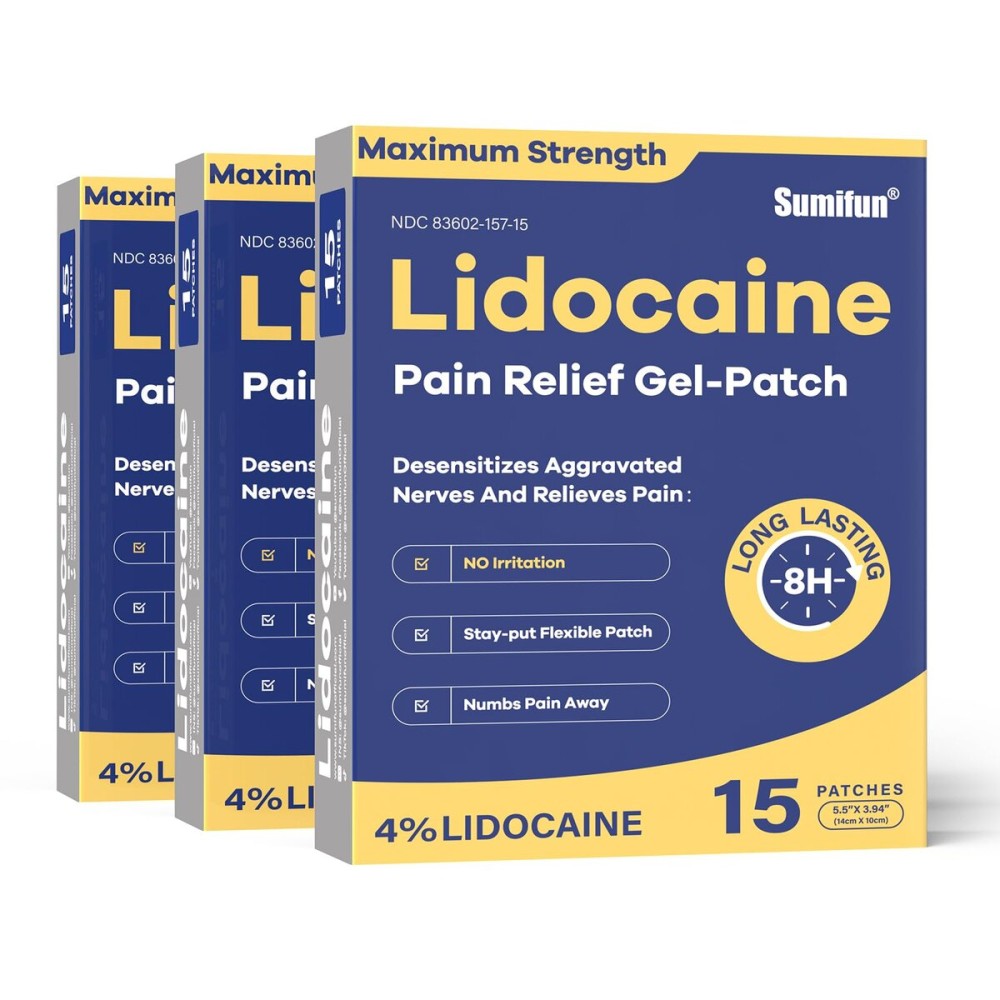 Sumifun 4% Lidocaine Pain Relief Patches 45 Counts Maximum Strength Numbing Gel Patch for Back Knee Neck Joint Ache Muscle Soreness Topical Analgesic