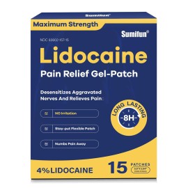 Sumifun 4% Lidocaine Pain Relief Patches 15 Counts Maximum Strength Numbing Gel Patch for Back Knee Neck Joint Ache Muscle Soreness Topical Analgesic