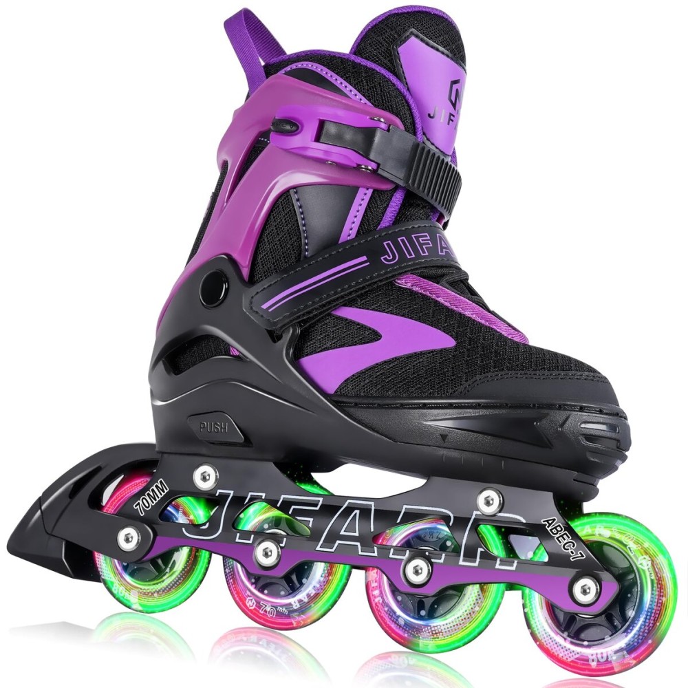 6 Sizes Adjustable Inline Skates for Youth and Adults with Full Light Up Wheels, Outdoor Roller Skates Girls and Boys, Men and Women (Black Purple, Medium)