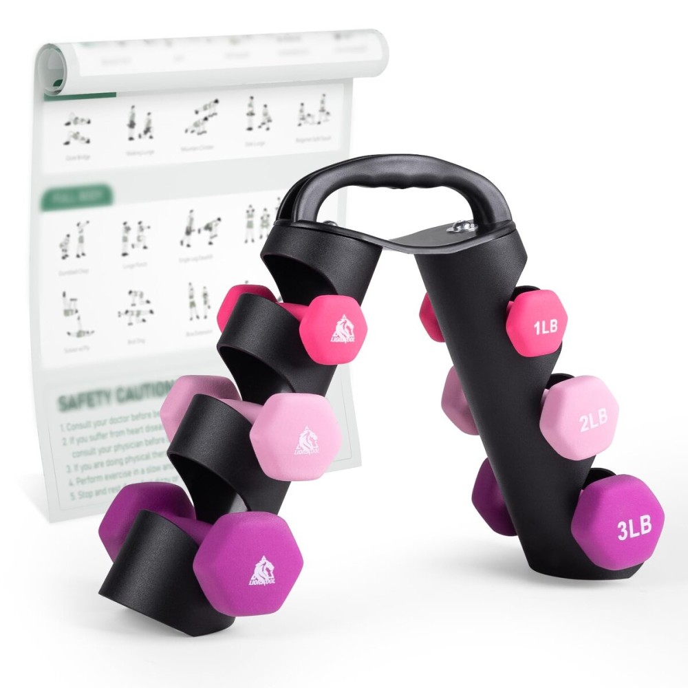 LIONSCOOL 1LB 2LB 3LB Pair Neoprene Coated Dumbbell Set with Sturdy and Portable Rack, All Purpose Premium Hex Dumbbell Set (Rosy Vigor)