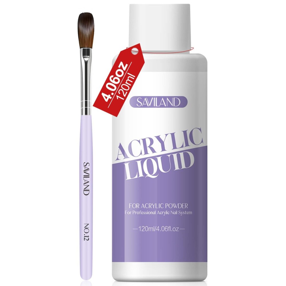 SAVILAND Monomer Acrylic Nail Liquid: 4 oz Acrylic Liquid Monomer with 12 Acrylic Nail Brush for Acrylic Powder Application, Non-Yellowing Acrylic Nail Monomer Liquid for DIY Home & Nail Salon Use