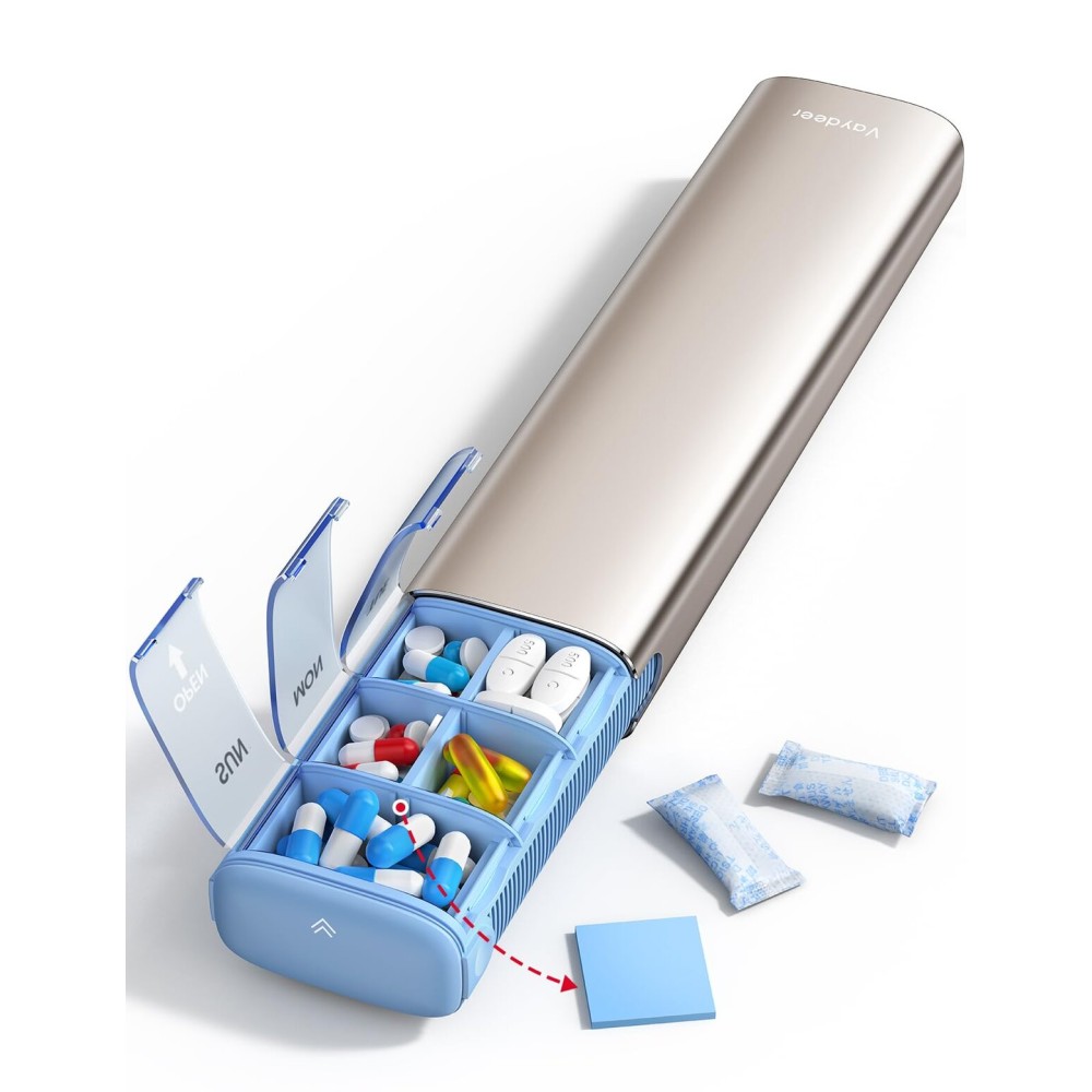 VAYDEER Metal Weekly Pill Organizer - Moisture-Proof Travel Pill Organizer with Built-in Desiccant Chamber and Airtight Lids - Large-Capacity Pill Box for Vitamins, Medicines & Supplements (Champagne)