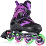 6 Sizes Adjustable Inline Skates for Youth and Adults with Full Light Up Wheels, Outdoor Roller Skates Girls and Boys, Men and Women (Black Purple, Large)