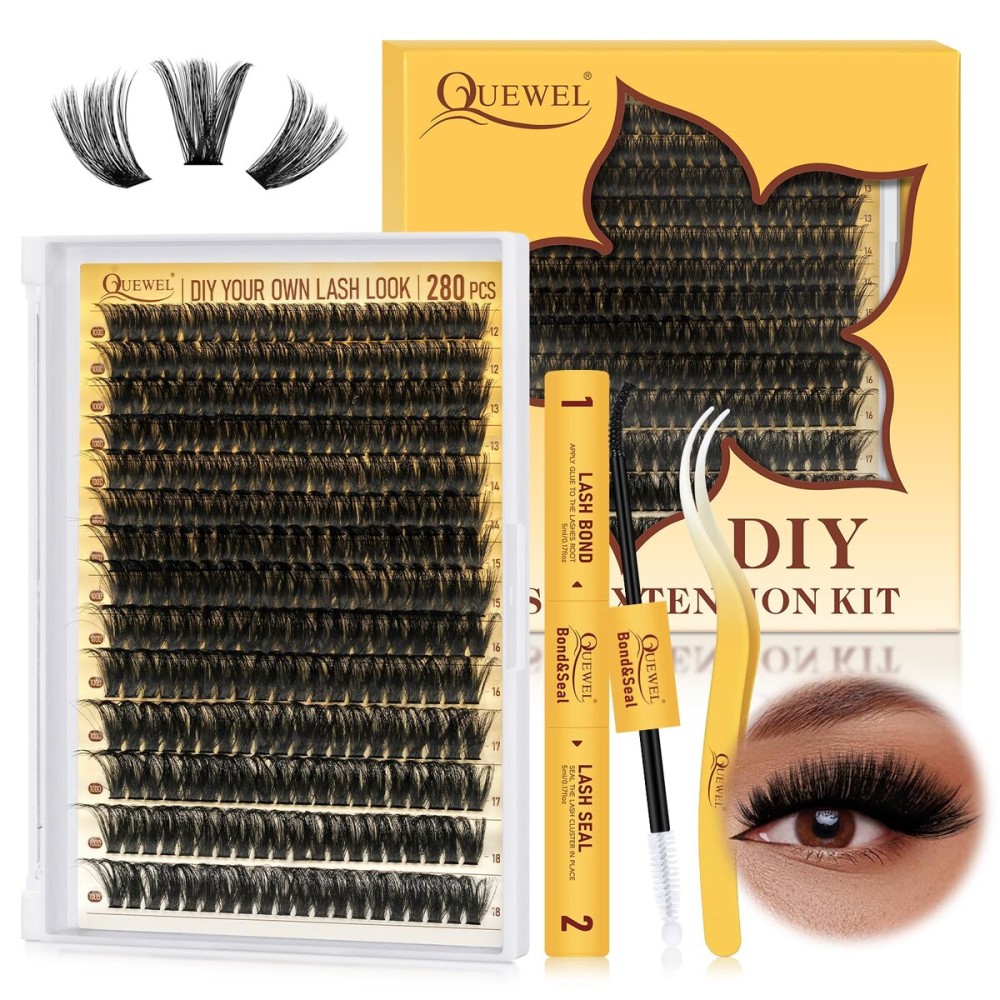 QUEWEL Lash Clusters Kit, 320Pcs 100D Lash Cluster Eyelash Extensions Mix 12-18mm 3D Eyelash Clusters with Lash Bond and Seal and Lashes Tweezers Easily Create 3D Lashes Clusters at Home(100D Kit)