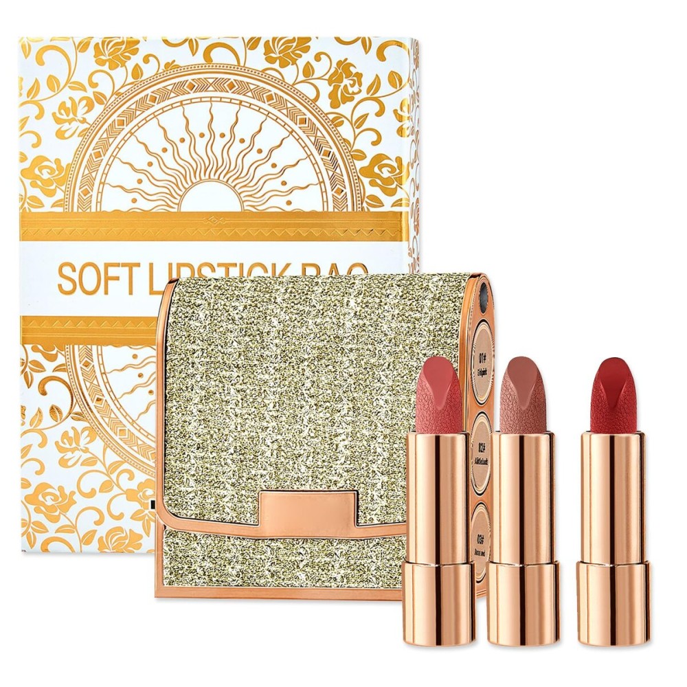 3 Colors Matte Lipstick Set Long Lasting Lip stick 24 hr Lip stick for Women Waterproof Non-sticky Multi-occasions Professional Lipstick for Women lip balm with Exquisite Chain Bag 3.5gx3pcs