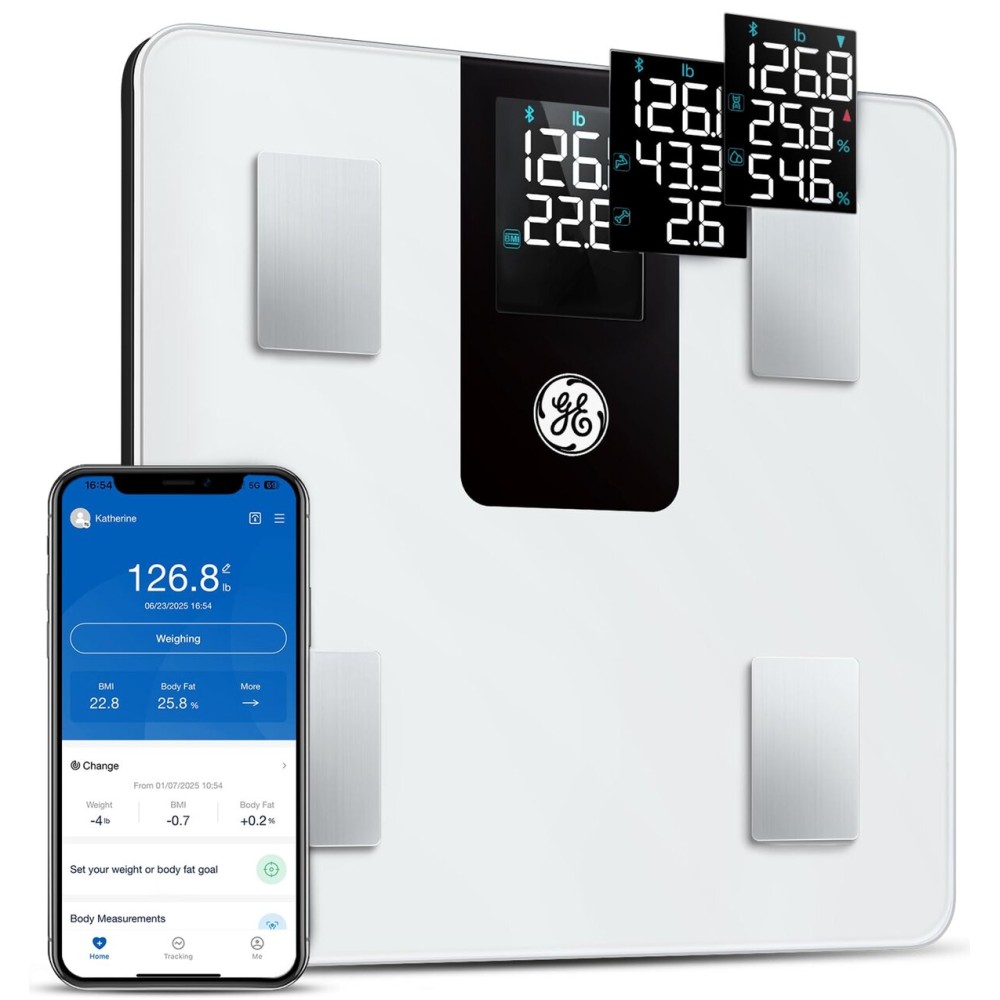 GE Smart Scale for Body Weight BMI Fat Muscle Mass with 14 Body Composition Metrics & All-in-one LCD Display, Digital Bathroom Weight Monitor Bluetooth with App, Accurate Weighing Machine 400lb White