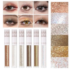 Eye Glitter Liquid Eyeshadow Eyeliner Set(6Pcs), Glittery Korean Makeup Bling Under Eye Shadows, Shimmer Tear Drop Make Up Gift Kit, Quick-Dry, Long-Lasting Loose Glitter Glue for Crystal Makeup