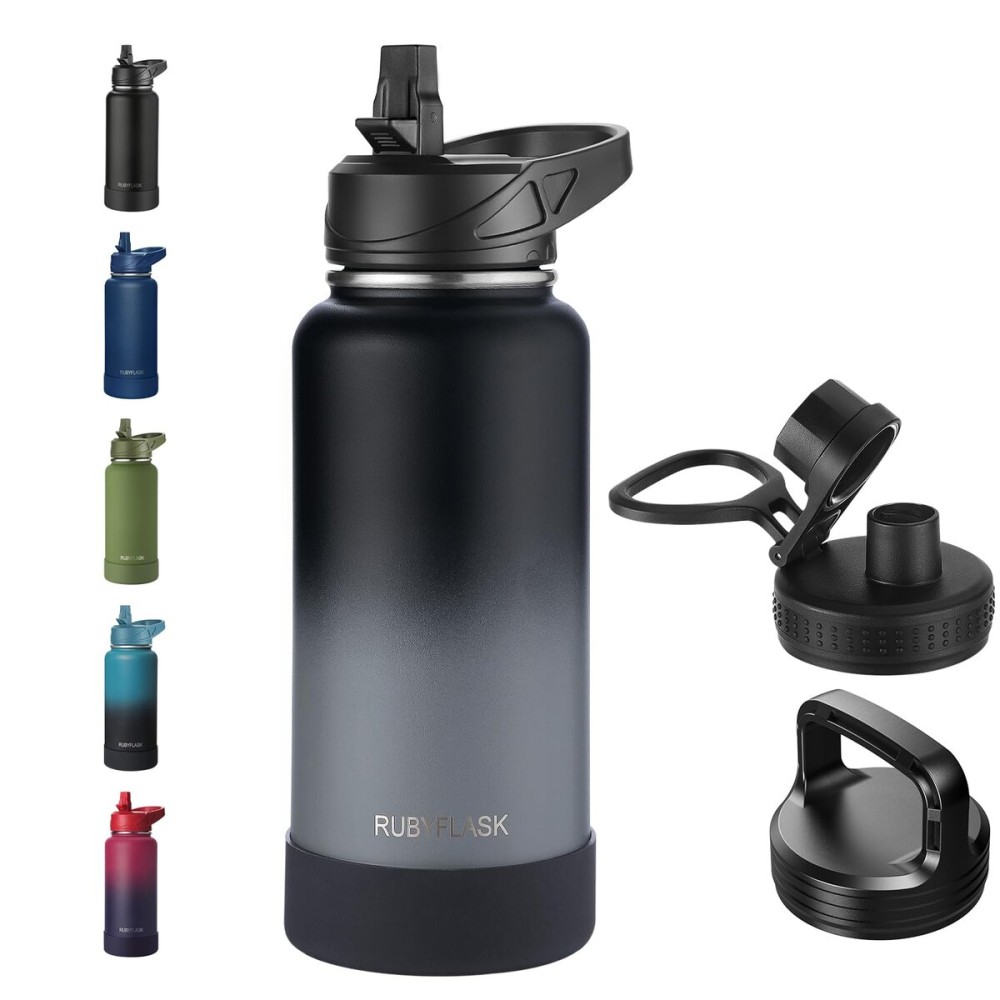 RUBYFLASK 32oz Insulated Water Bottle with Straw, Stainless Steel Metal Vacuum Water Flask, Large Thermal Water bottle with Leakproof 3 Lids for Travel, Camping, Gym Sports Black Gray