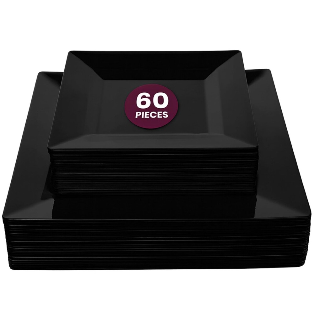 Aya\'s Square Plastic Plates - 6.5/9.5 Black Disposable Plates for Party - Heavy-Duty Reusable Food Grade Plastic - 60 Count - Thick and Durable to Prevent Breaking - Ideal for Events and Gatherings
