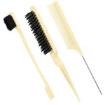 Geiserailie 3 Pcs Slick Back Hair Brush Set Bristle Brush Edge Control Teasing Comb for Women Black Hair(Beige)