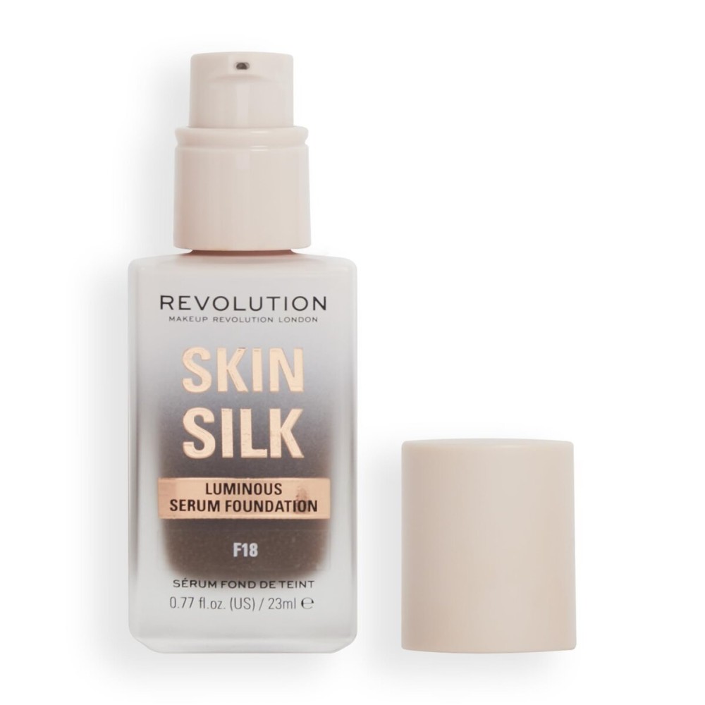 Revolution Beauty London, Skin Silk Serum Foundation, Light to Medium Coverage, Lightweight & Radiant Finish, Contains Hyaluronic Acid, F18 Deep Skin Tones, 0.77 fl oz