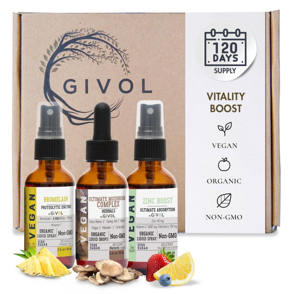 GIVOL Digestive Harmony Bundle Liquid Vitamin Trio Mushroom Complex Lions Mane, Reishi, Maitake & Chaga, Zinc Picolinate & Bromelain | Non-GMO | Gluten Free | Sugar Free | 2 Fl Oz | 240 Days Supply