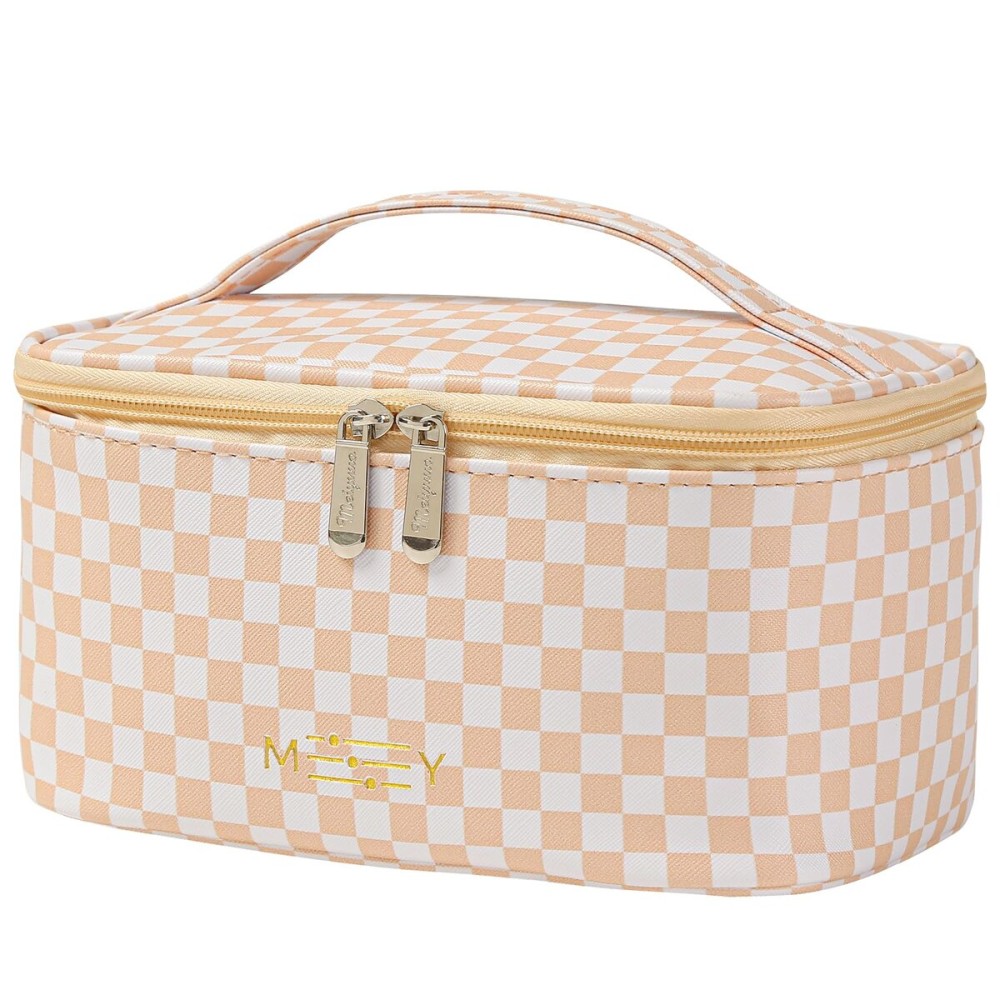 KITENROM Makeup Bag Portable Travel Cosmetic Bag with Brush HolderWaterproof Make Up Bag For Women with Handle Pink Checkerboard